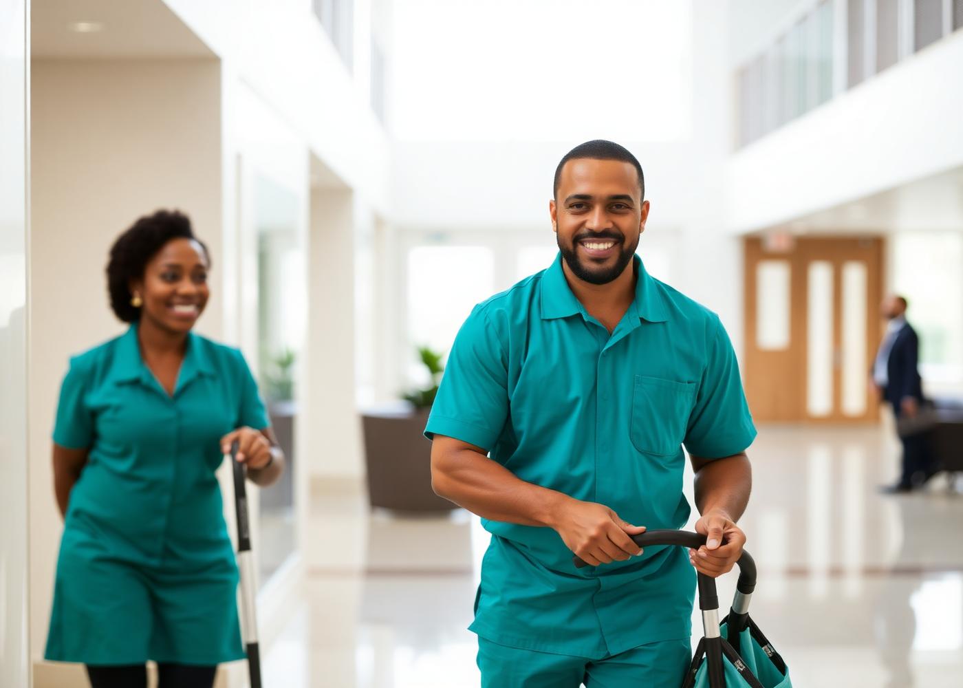 Spotless Works cleaners in a modern office lobby